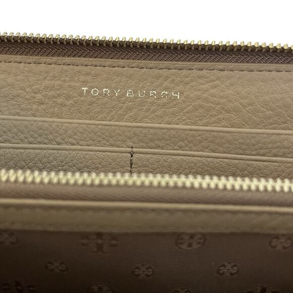 Tory Burch Large Zip Around Continental Pebbled Leather Wallet in Gray Gold Logo - Picture 6 of 9
